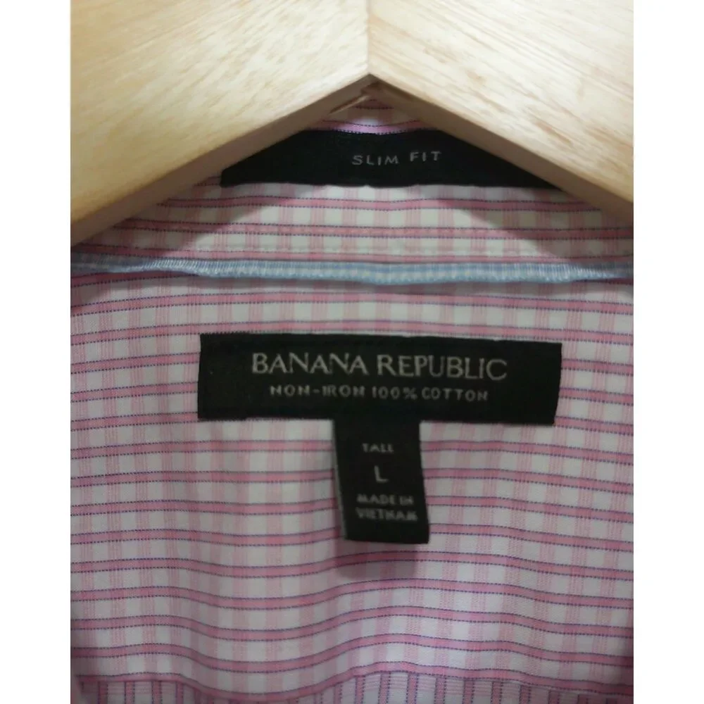 Banana Republic Slim Fit Pink Check Non-Iron Cotton Dress Shirt Tall Large L